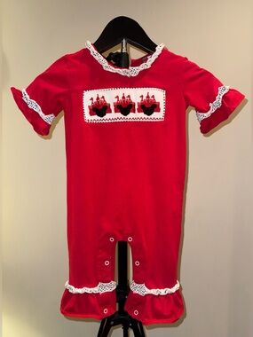 Banana Split smocked Mickey Mouse and castles red romper, size 18 mos